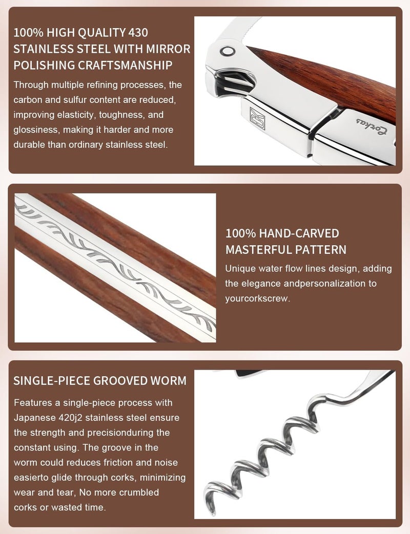 CORKAS Wine Key - Prestige Waiter Corkscrew with Rosewood Handle, Handcrafted Wine Opener Manual with Double Hinged, Foil Cutter and Bottle Opener, Ideal Gifts for Sommelier, Bartenders, Servers - Image 3